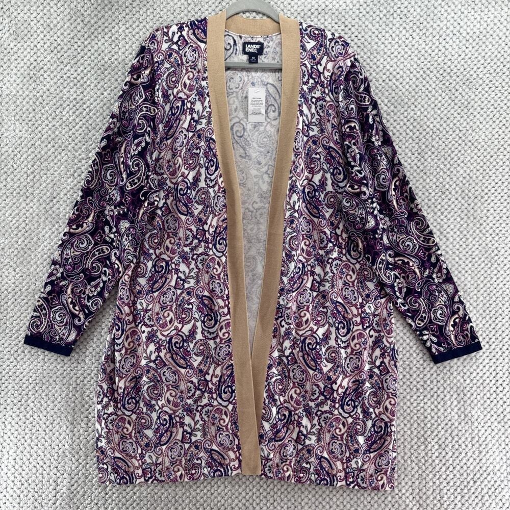 Lands End Cardigan Women 1X Cream Purple Paisley Knit Open Front Long Length New